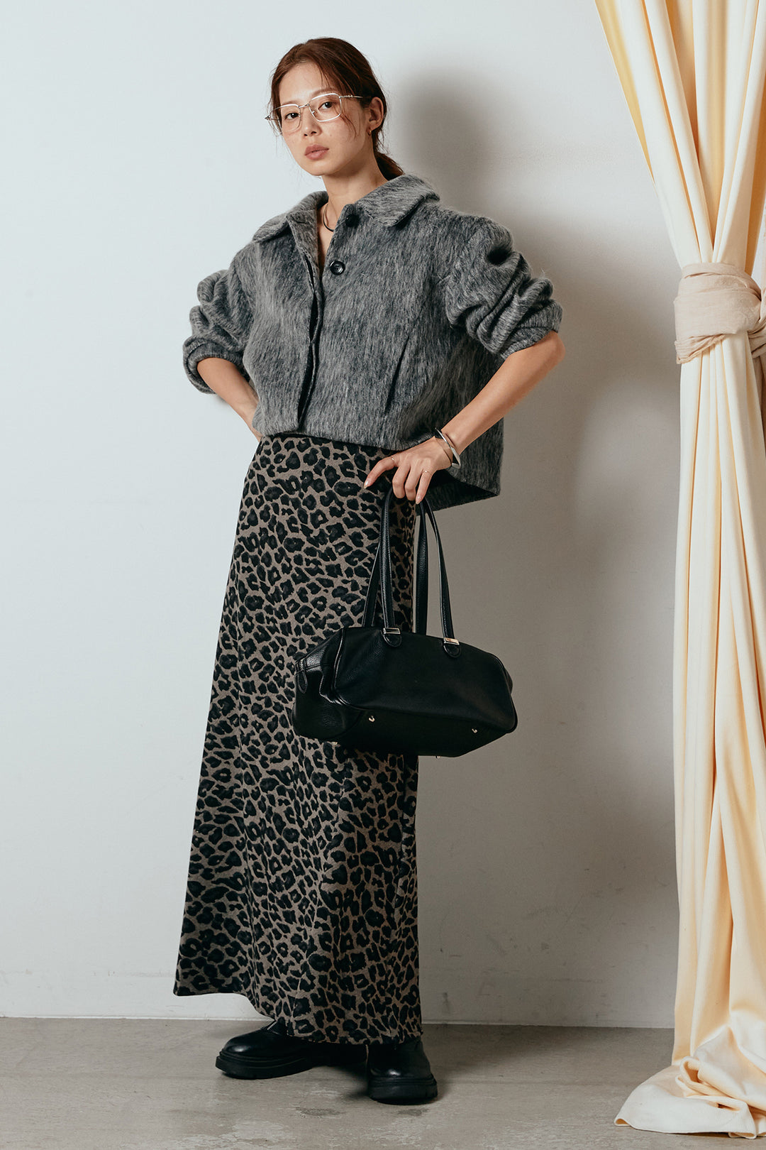 [SET]シャギーショートジャケット+レオパードロングスカート(2set)