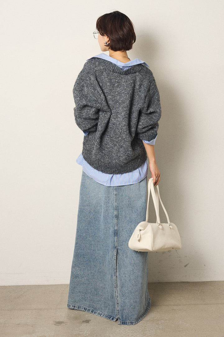 [SET]ストライプシャツドッキングニットポロトップス+デニムロングフレアスカート(2set)