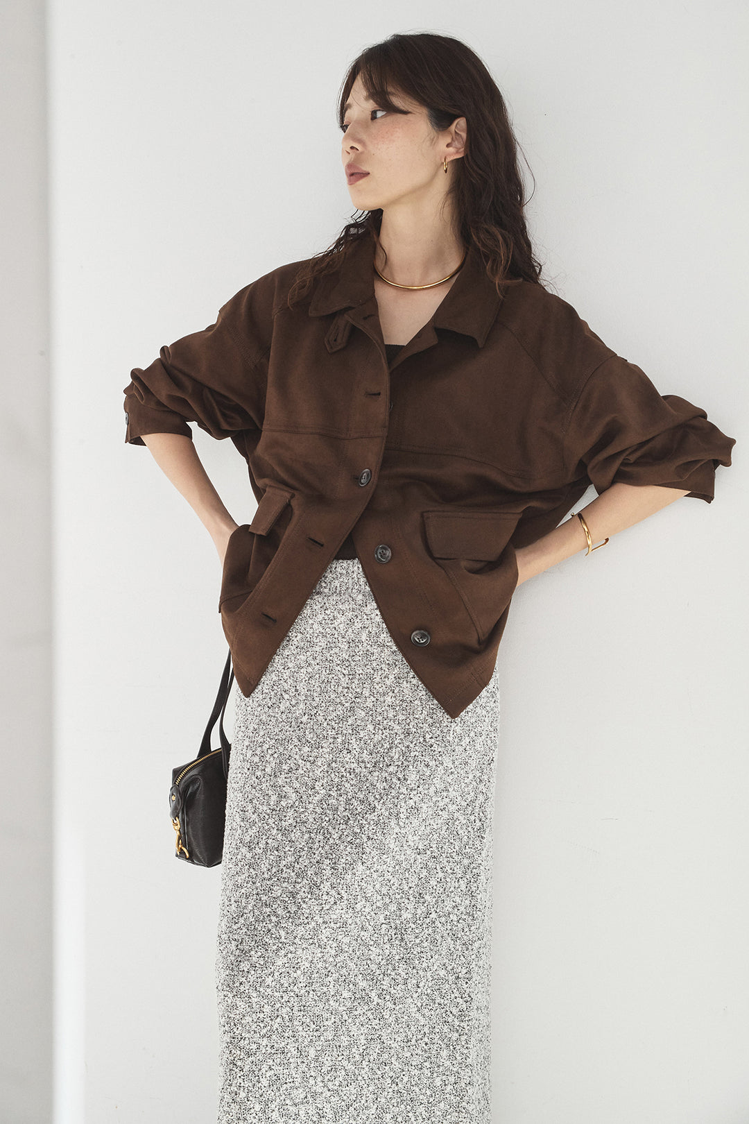 [SET]デカポケスエポンジャケット+ツイード風MIXスラブスカート(2set)