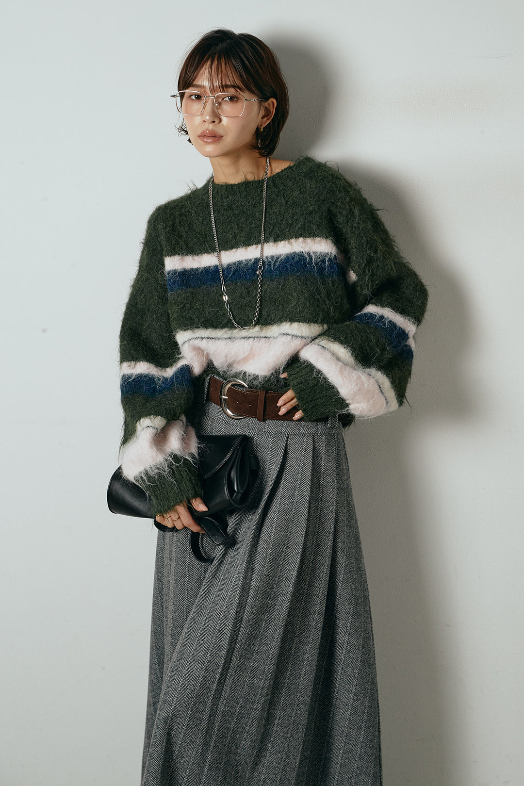 [SET]起毛配色マルチボーダーニットトップス+太ベルト付きヘリンボーンプリーツスカート(2set)