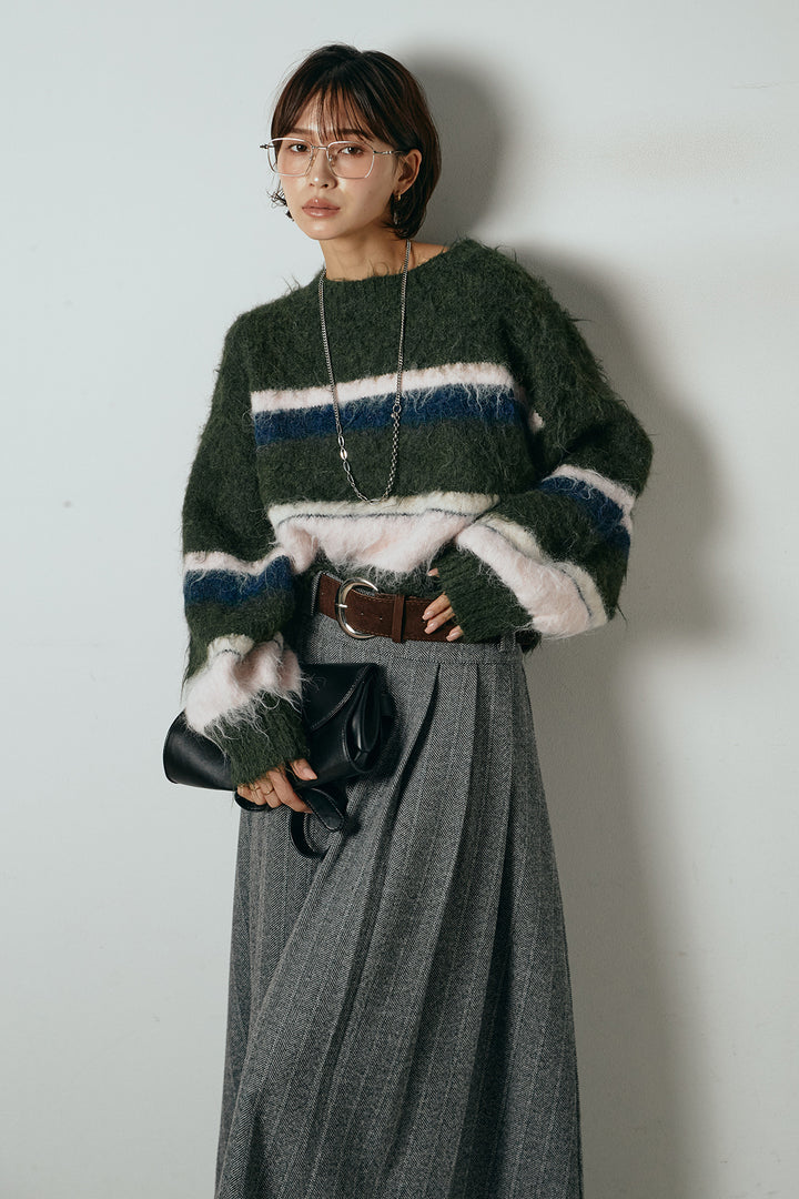 [SET]起毛配色マルチボーダーニットトップス+太ベルト付きヘリンボーンプリーツスカート(2set)