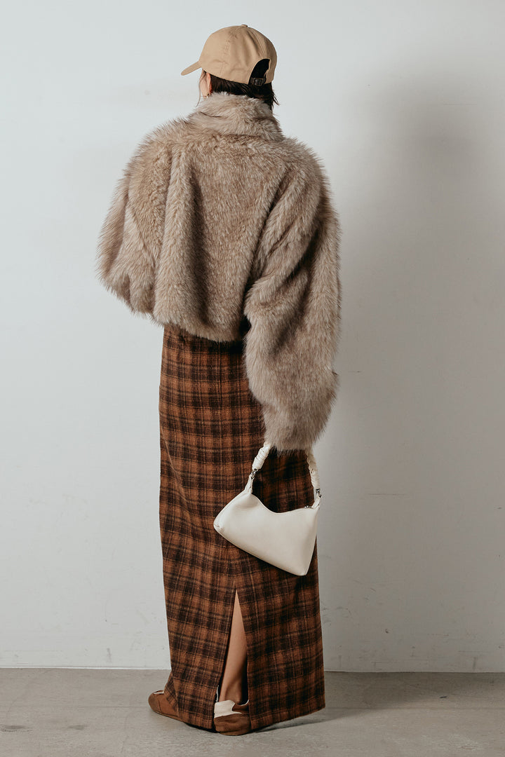 [SET]エコファーショート丈ブルゾン+シャギーチェックストレートスカート(2set)