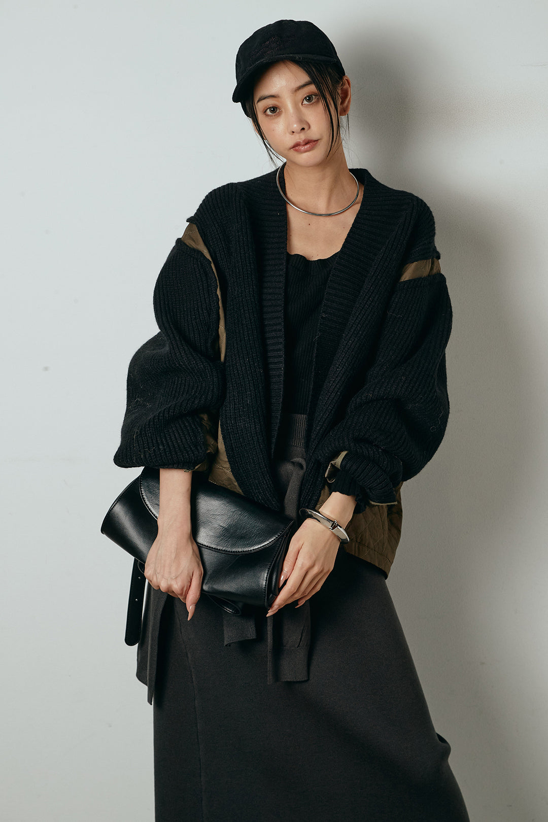 [SET]キルティング切り替えニットカーディガン+ウエストラップ巻きニットスカート(2set)