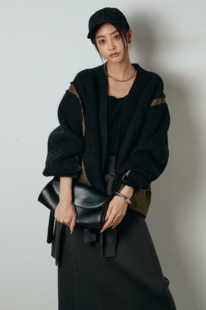 [SET]キルティング切り替えニットカーディガン+ウエストラップ巻きニットスカート(2set)