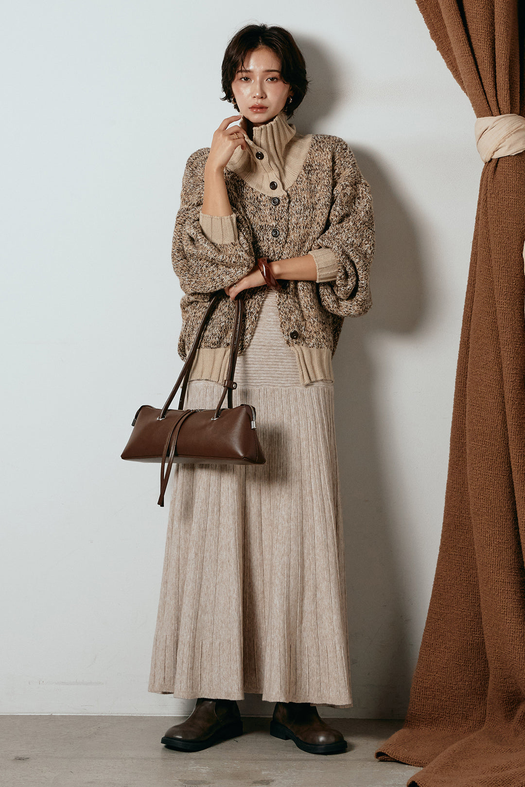 [SET]ハイネックミックスニットカーディガン+編み地切り替えフレアニットスカート(2set)