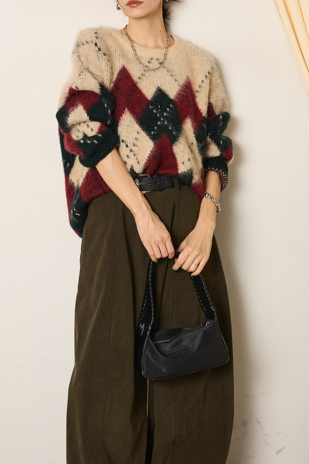 [SET]配色アーガイル柄ニットトップス+ベルト付きコーデュロイワイドパンツ(2set)