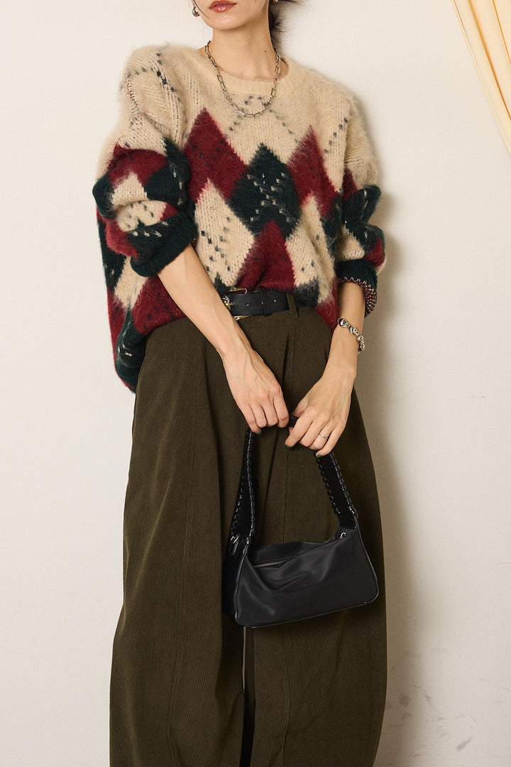 [SET]配色アーガイル柄ニットトップス+ベルト付きコーデュロイワイドパンツ(2set)