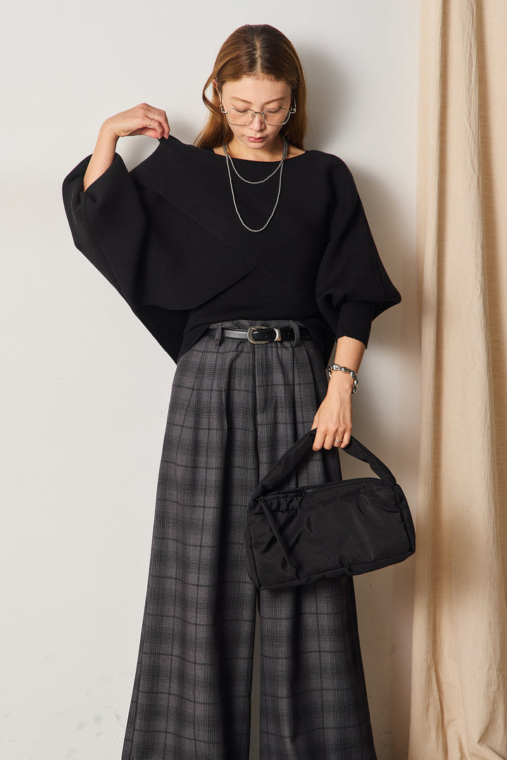 [SET]タンク付きクロスデザインニットプルオーバー+タック入りタータンチェックワイドパンツ(2set)