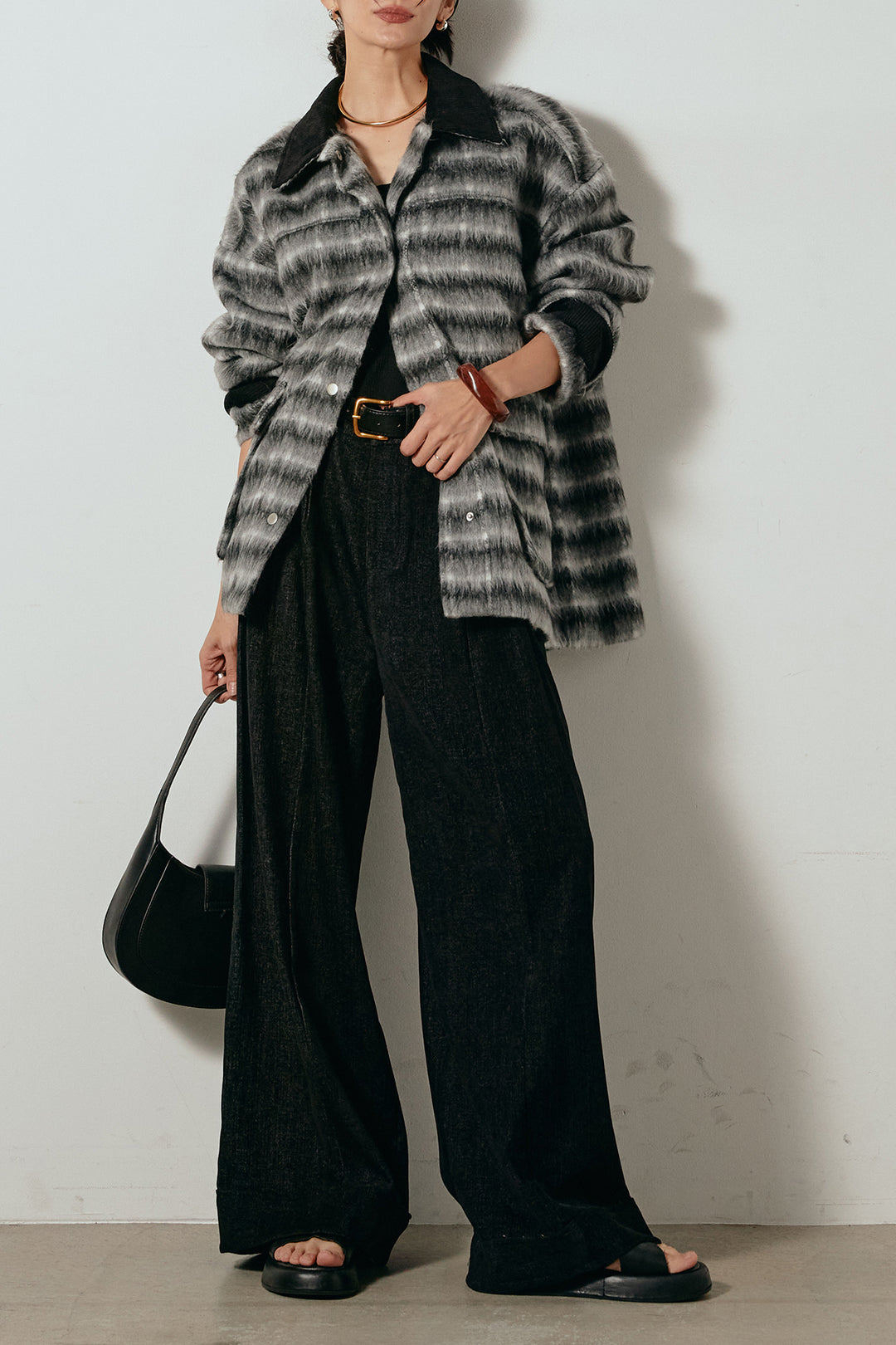 [SET]チェックシャギーミドルカバーオール+フェイクレザーベルト付きスウェードライクワイドパンツ(2set)