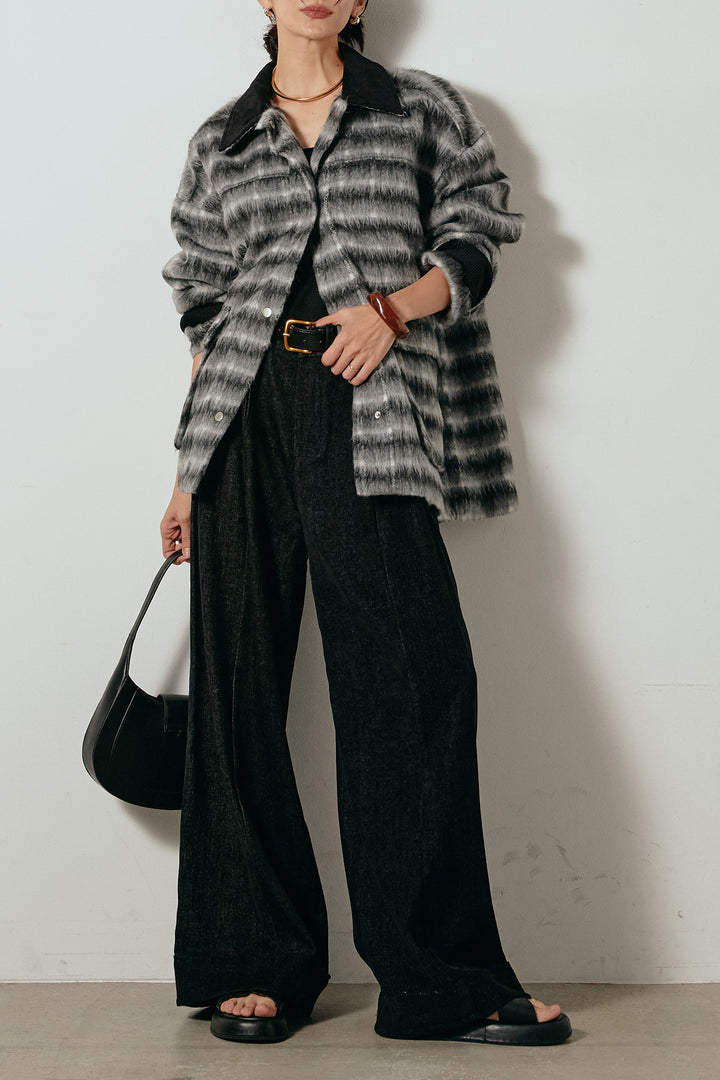 [SET]チェックシャギーミドルカバーオール+フェイクレザーベルト付きスウェードライクワイドパンツ(2set)