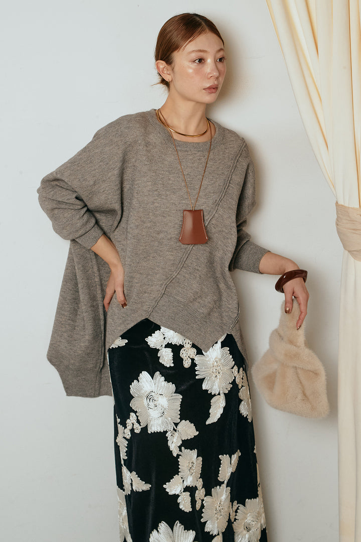 [SET]アシンメトリーデザインニットトップス+フラワー刺繍ワイドスカート(2set)