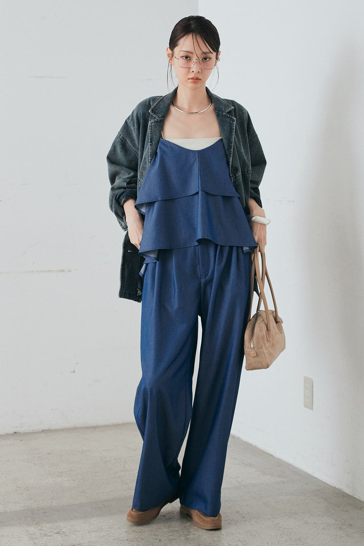 [SET]オーバーデニムジャケット+デニムライクツイルタックパンツ+デニムライクツイルティアードキャミソール(3set)
