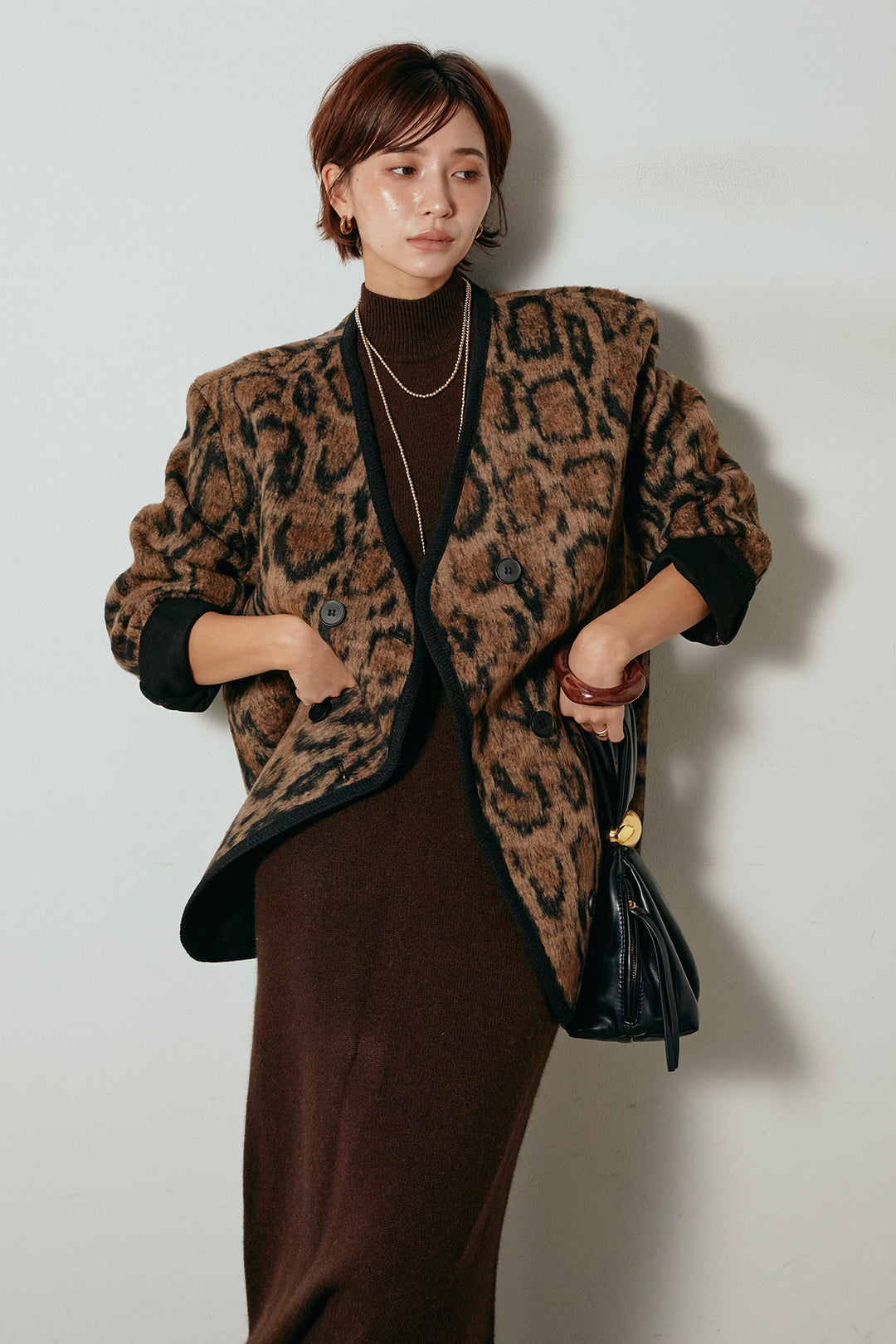 [SET]ノーカラーレオパード柄アウター+ノースリーブニットロングワンピース(2set)