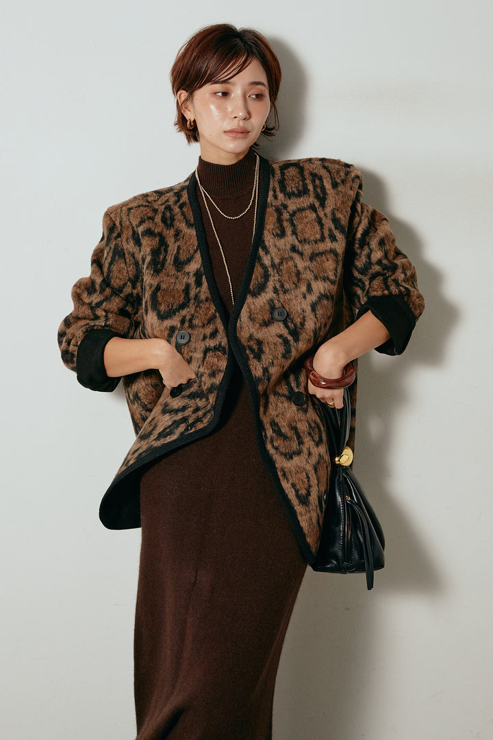 [SET]ノーカラーレオパード柄アウター+ノースリーブニットロングワンピース(2set)