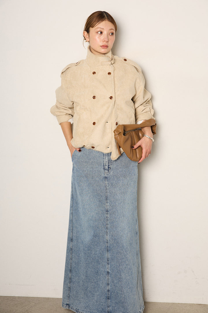 [SET]スタンド襟スウェードライクアウター+デニムロングフレアスカート(2set)