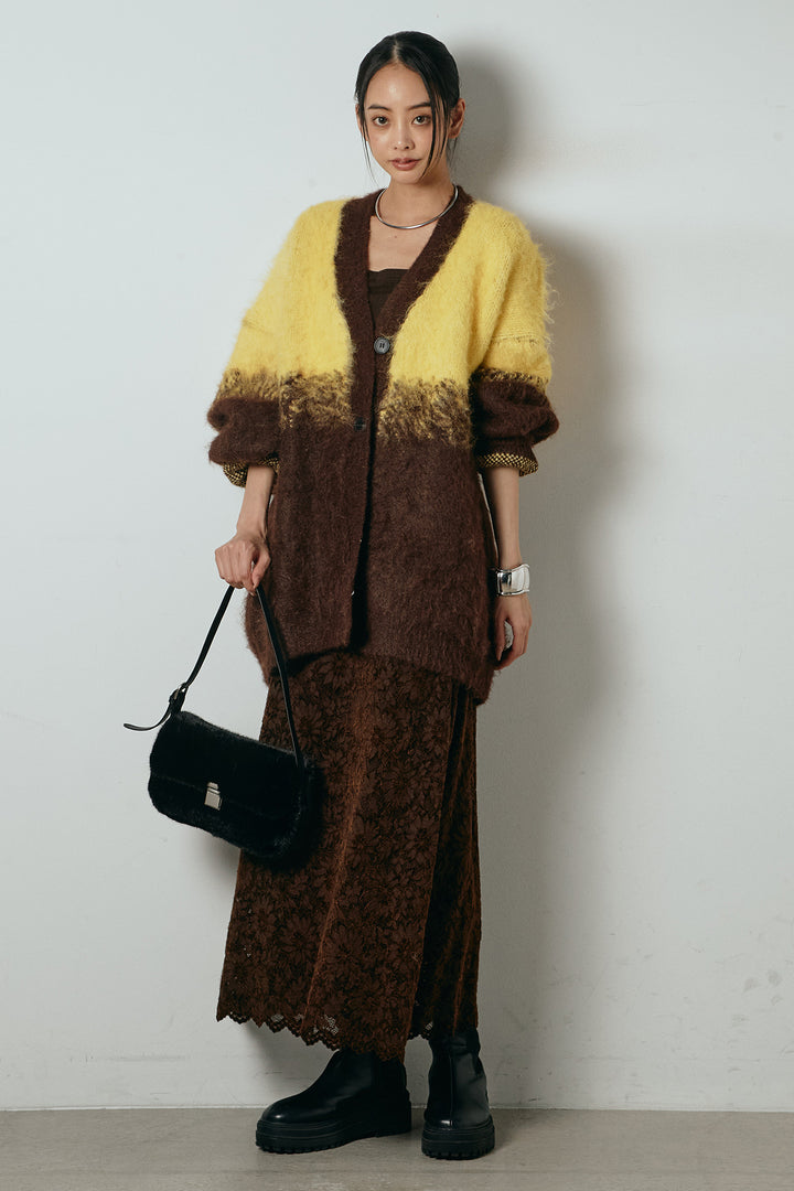 [SET]起毛グラデーションニットカーディガン+花柄刺繍ベロアフレアスカート(2set)