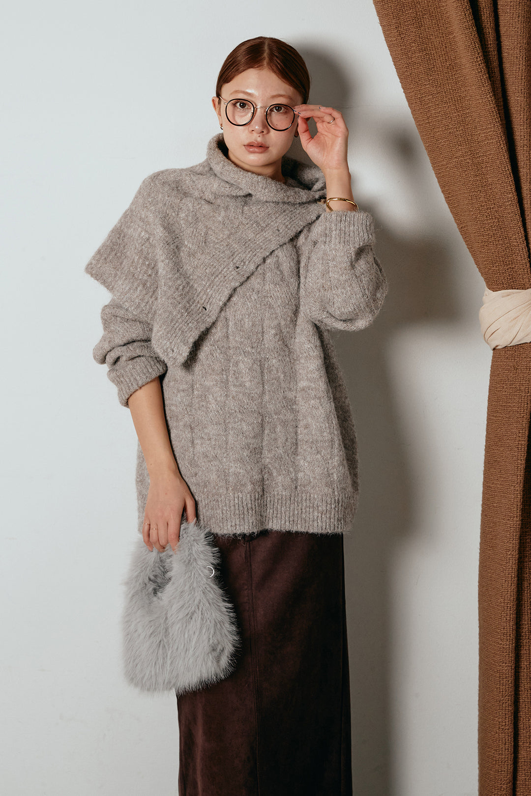 [SET]ケープデザインケーブルニットトップス+スウェードライク裾フリンジスカート(2set)