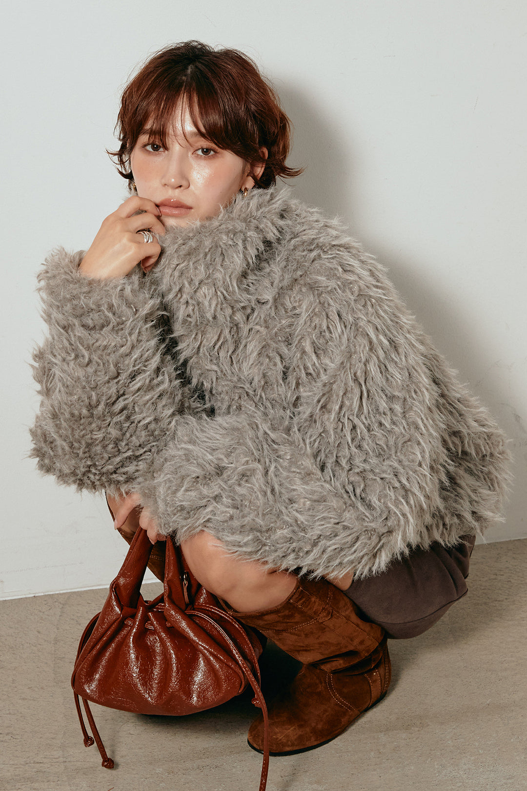 [SET]ミックスシープファースタンドブルゾン+フェイクスウェードハーフパンツ(2set)