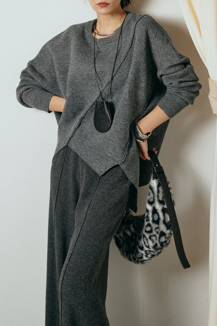 [SET]アシンメトリーデザインニットトップス+センターラインニットパンツ(2set)