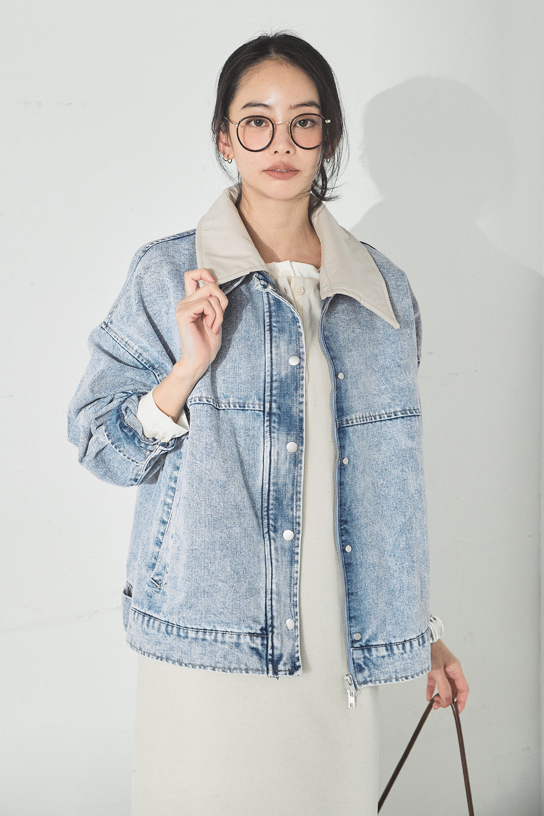 [SET]加工デニムレザー襟付きデニムブルゾン+カットリブレイヤードヘンリーネックワンピース(2set)