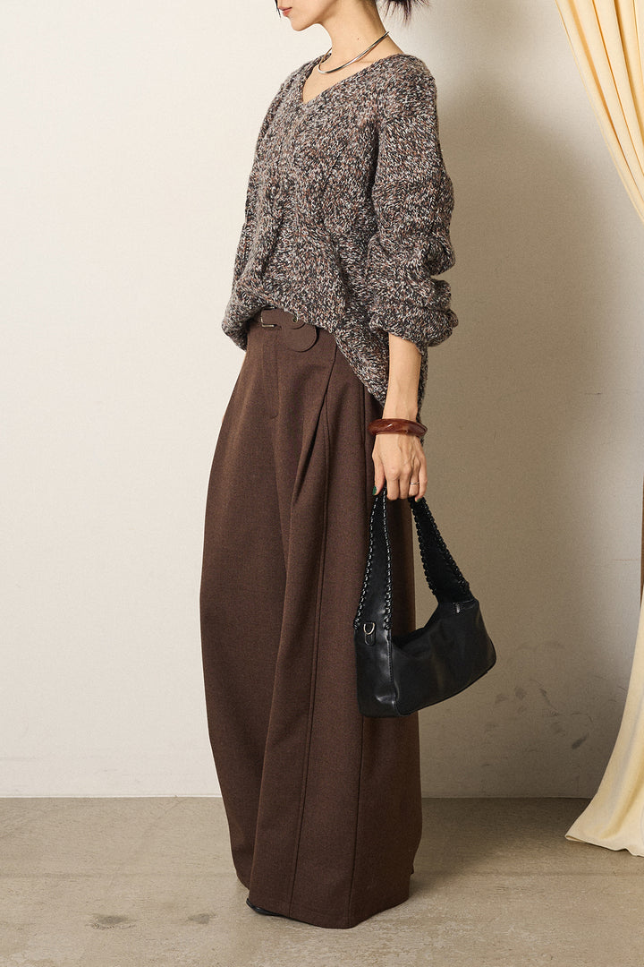 [SET]Vネックミックス編みニットトップス+ポーチベルト付きカーブパンツ(2set)