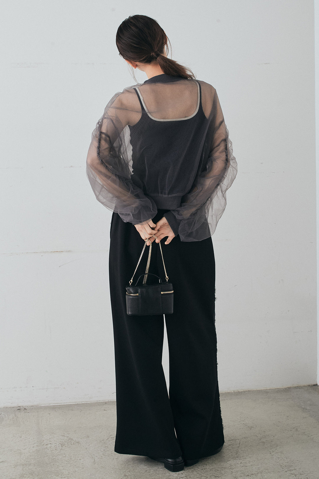 [SET]エアリーチュールスリーブシアーブルゾン+Wフェイスカットソーサイドレースラインパンツ(2set)