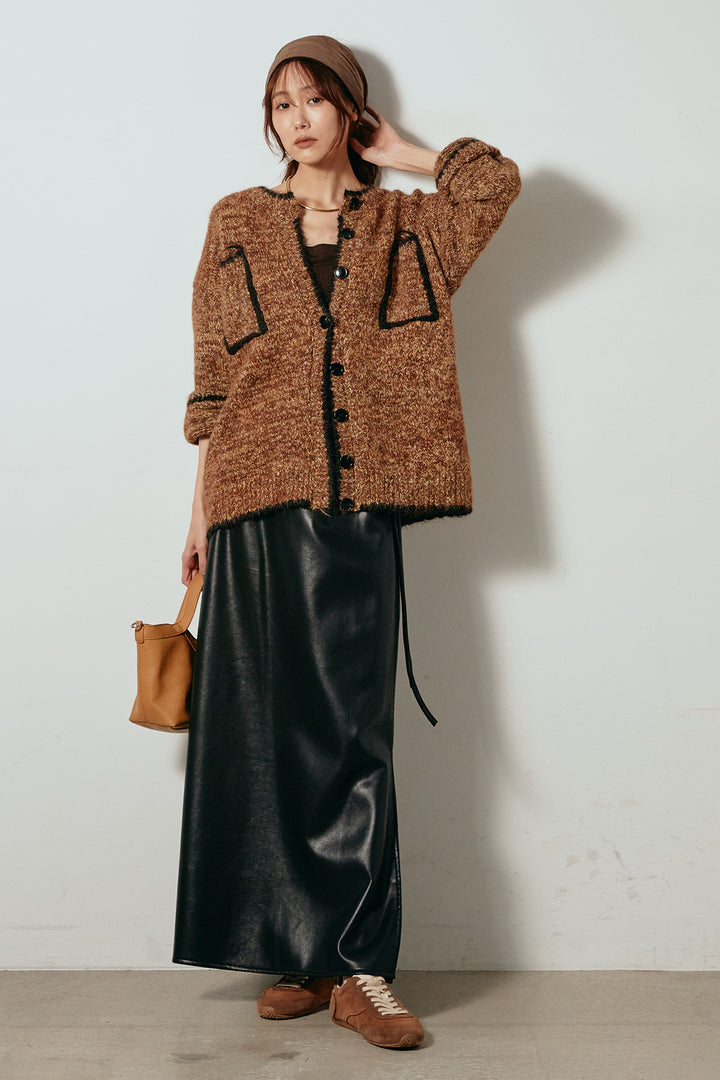 [SET]ミックスニットポケットカーディガン+紐付きフェイクレザーワイドスカート(2set)