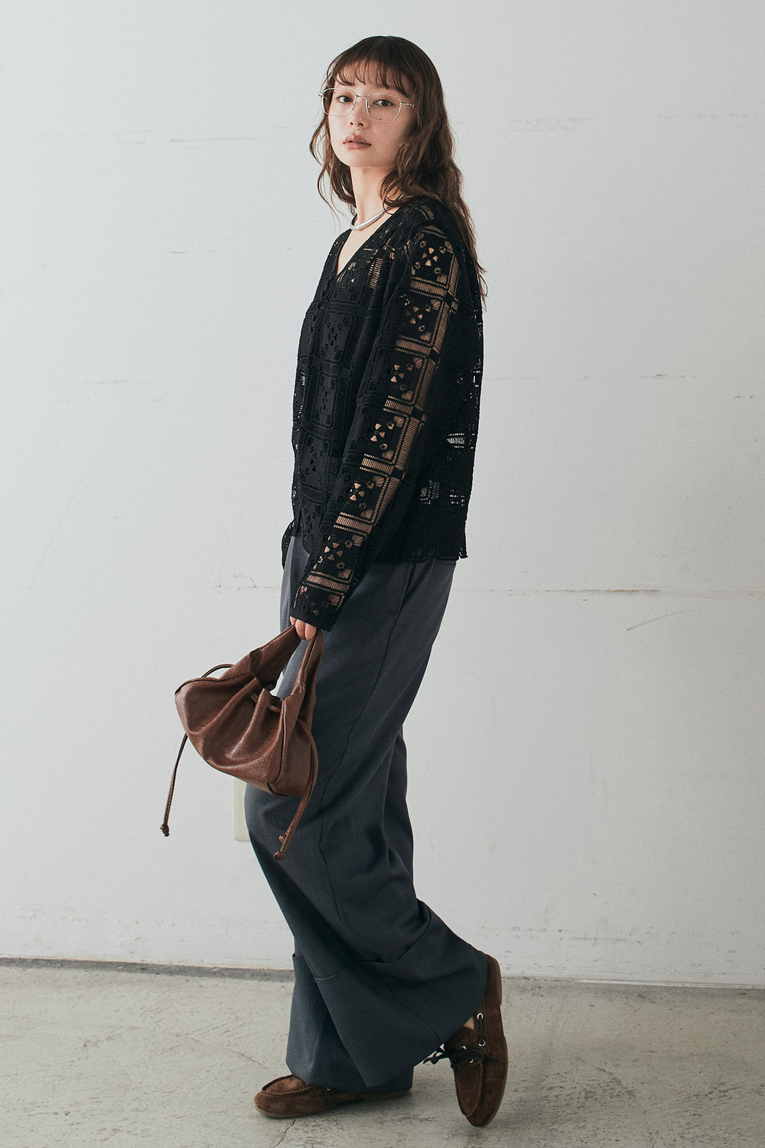 [SET]クロシェレースカーディガン+センタープレスセミワイドパンツ(2set)