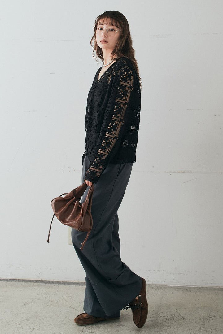 [SET]クロシェレースカーディガン+センタープレスセミワイドパンツ(2set)