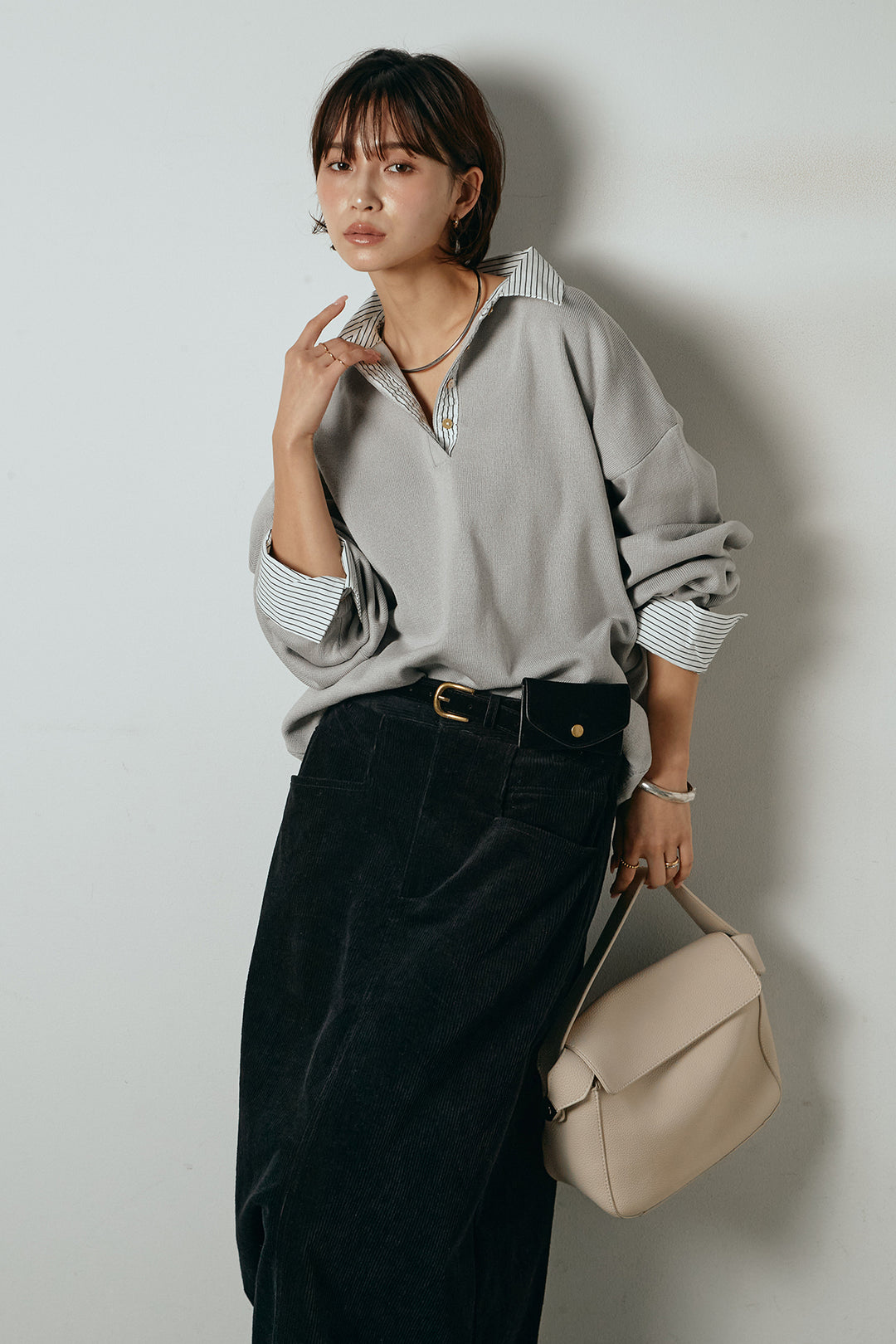 [SET]ストライプシャツドッキングポロトップス+ポーチベルト付きコーデュロイワイドスカート(2set)