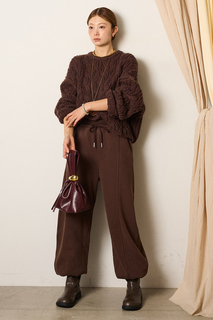 [SET]ケーブルリラックスショートニット+スウェットワイドカーブパンツ(2set)