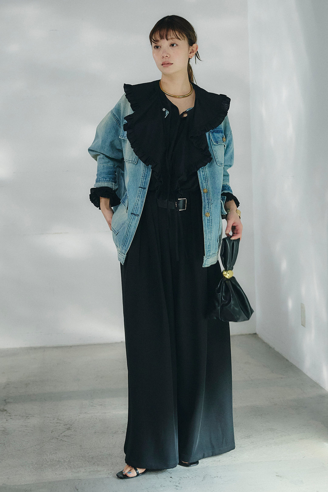 [SET]ノーカラーデニムポケットジャケット+コットンフリルブラウス+ベルト付きタックデザインハイウエストロングパンツ(3set)