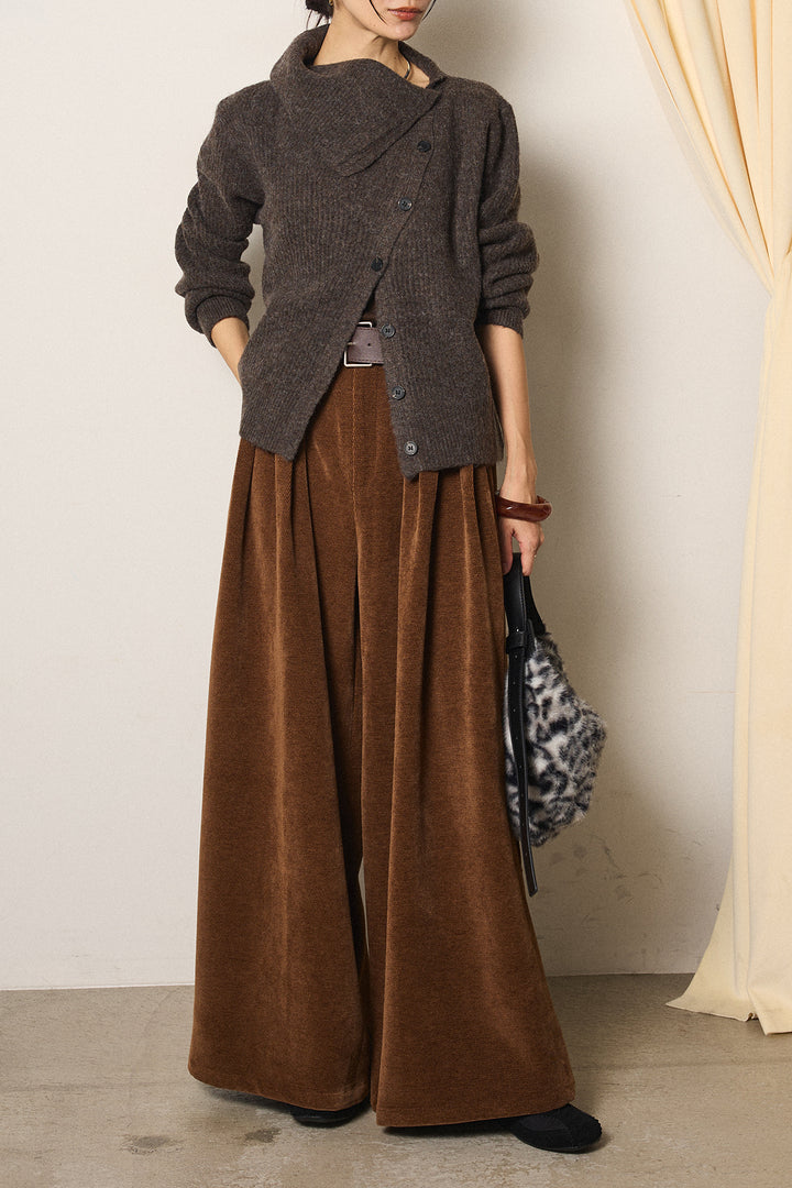 [SET]ボタンデザインネックニットプルオーバー+ベルトループコーデュロイワイドパンツ(2set)