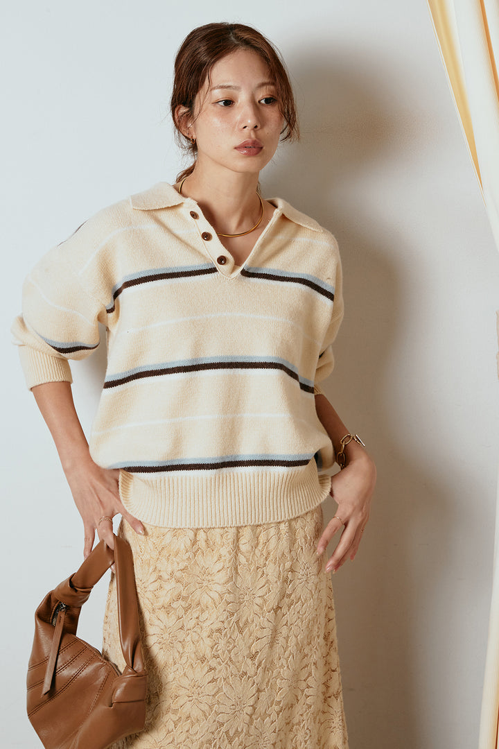 [SET]襟付きマルチボーダーニットポロトップス+花柄刺繍ベロアフレアスカート(2set)