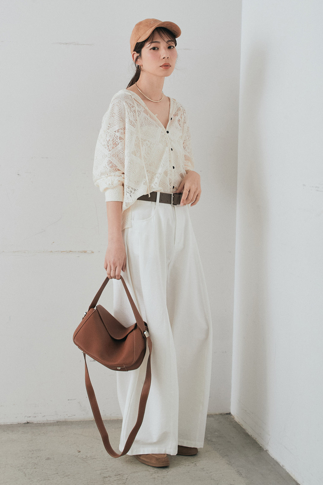 [SET]ブロックレースフード付きブラウス+ベルト付きサイドタックワイドパンツ(2set)