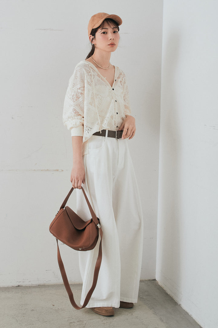 [SET]ブロックレースフード付きブラウス+ベルト付きサイドタックワイドパンツ(2set)