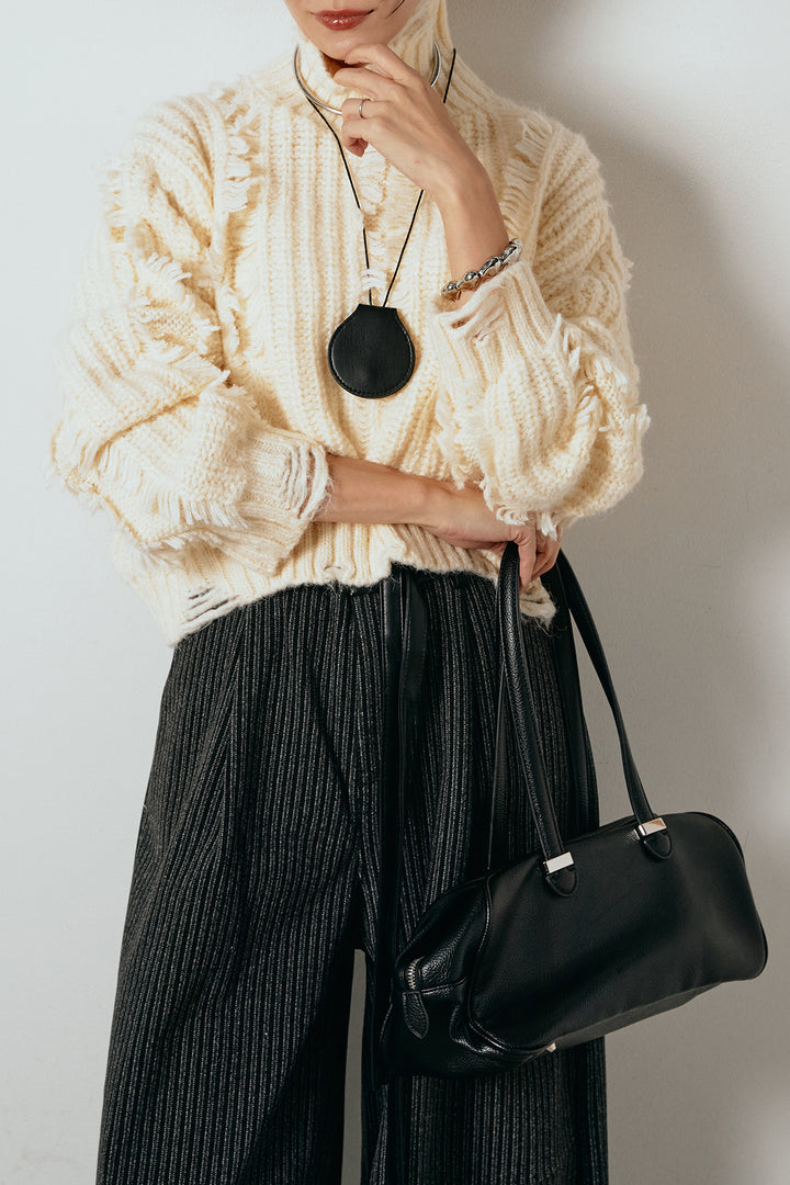 [SET]フリンジタートルショートニット+レザーライク配色ストライプパンツ(2set)