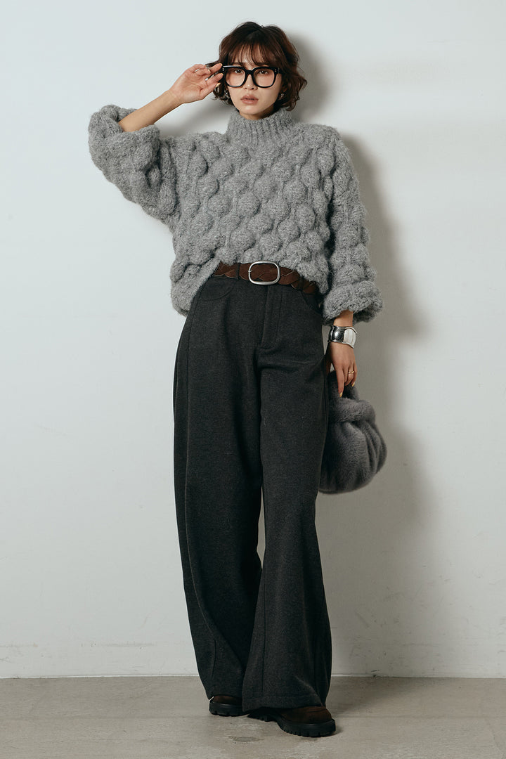 [SET]ボリュームポップコーンニットトップス+編みベルト付きワイドパンツ(2set)