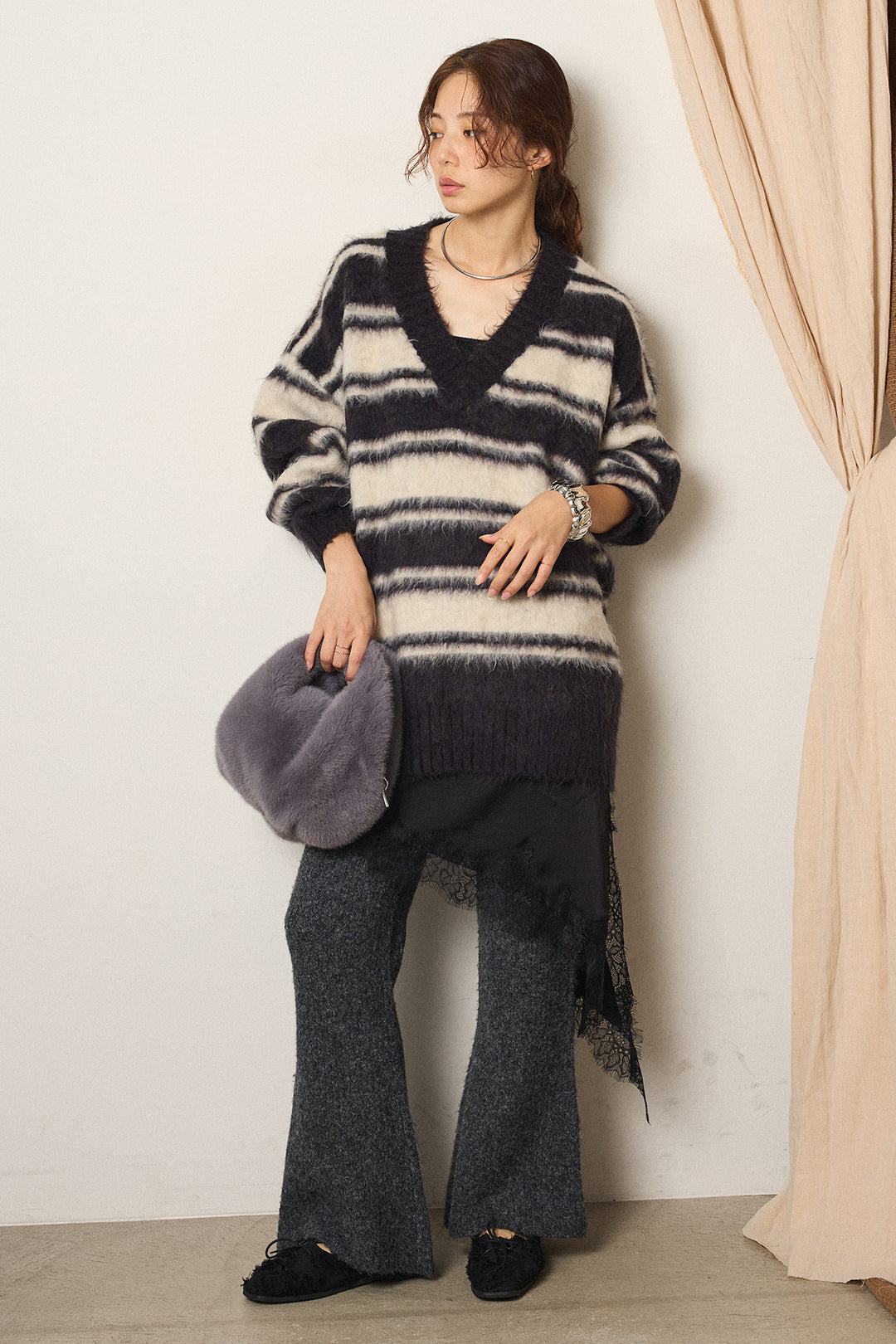 [SET]ルーズVネックボーダーニットトップス+杢ニットリブフレアパンツ(2set)