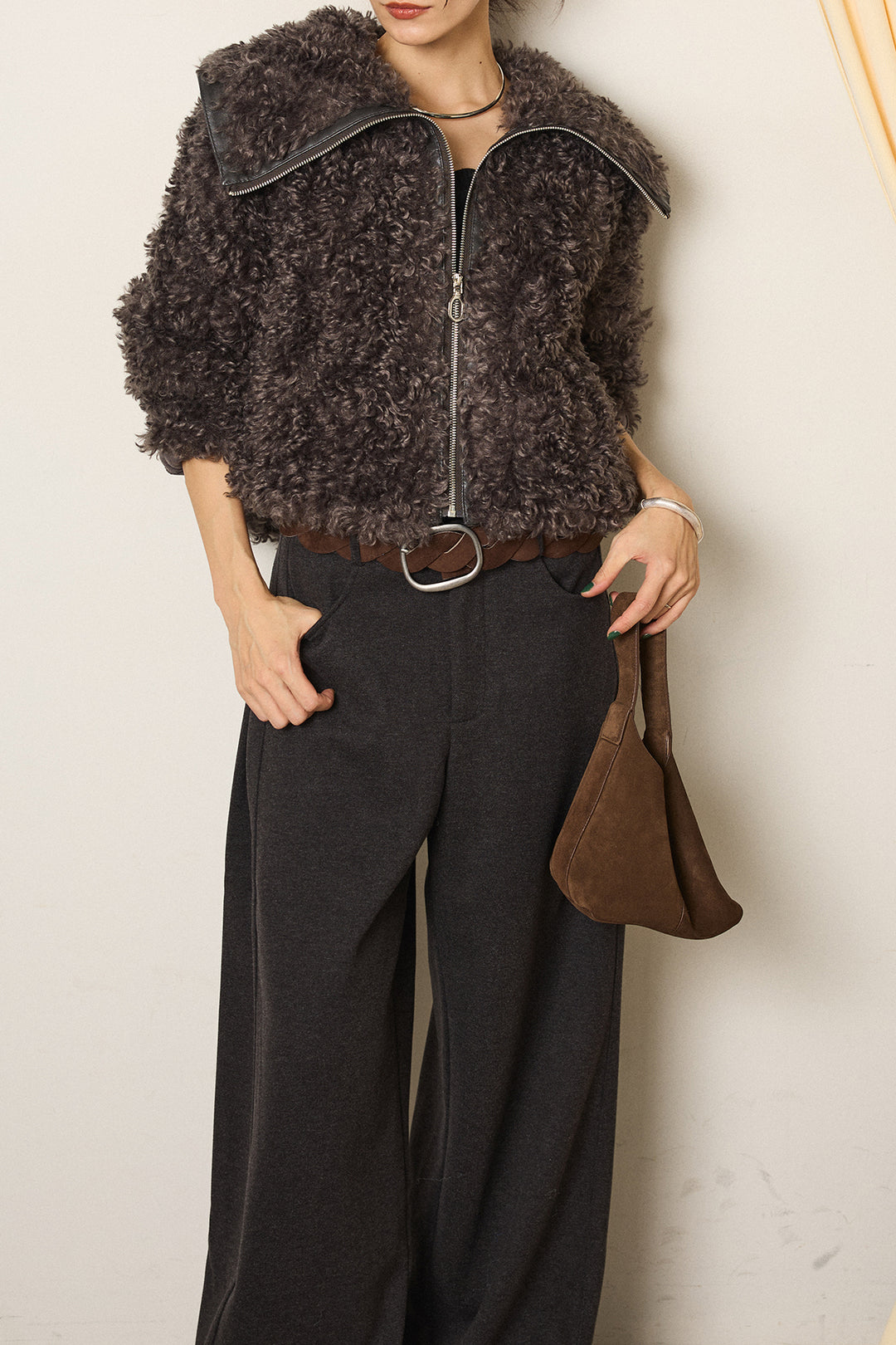 [SET]ビッグカラープードルボアアウター+編みベルト付きワイドパンツ(2set)