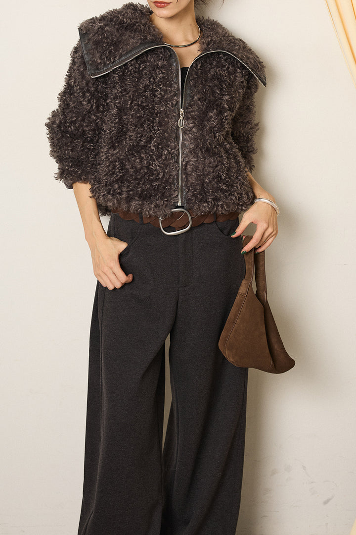 [SET]ビッグカラープードルボアアウター+編みベルト付きワイドパンツ(2set)