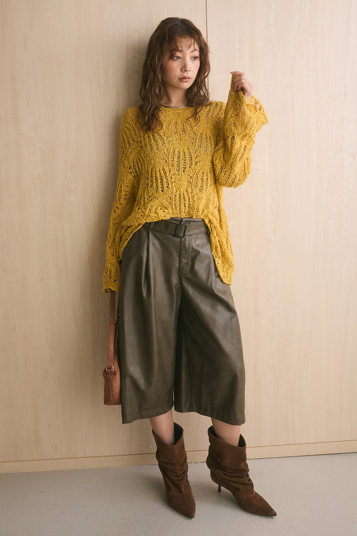 [SET]透かしレース編みボートネックニットプルオーバー+ベルト付きレザーライクタックハーフパンツ(2set)