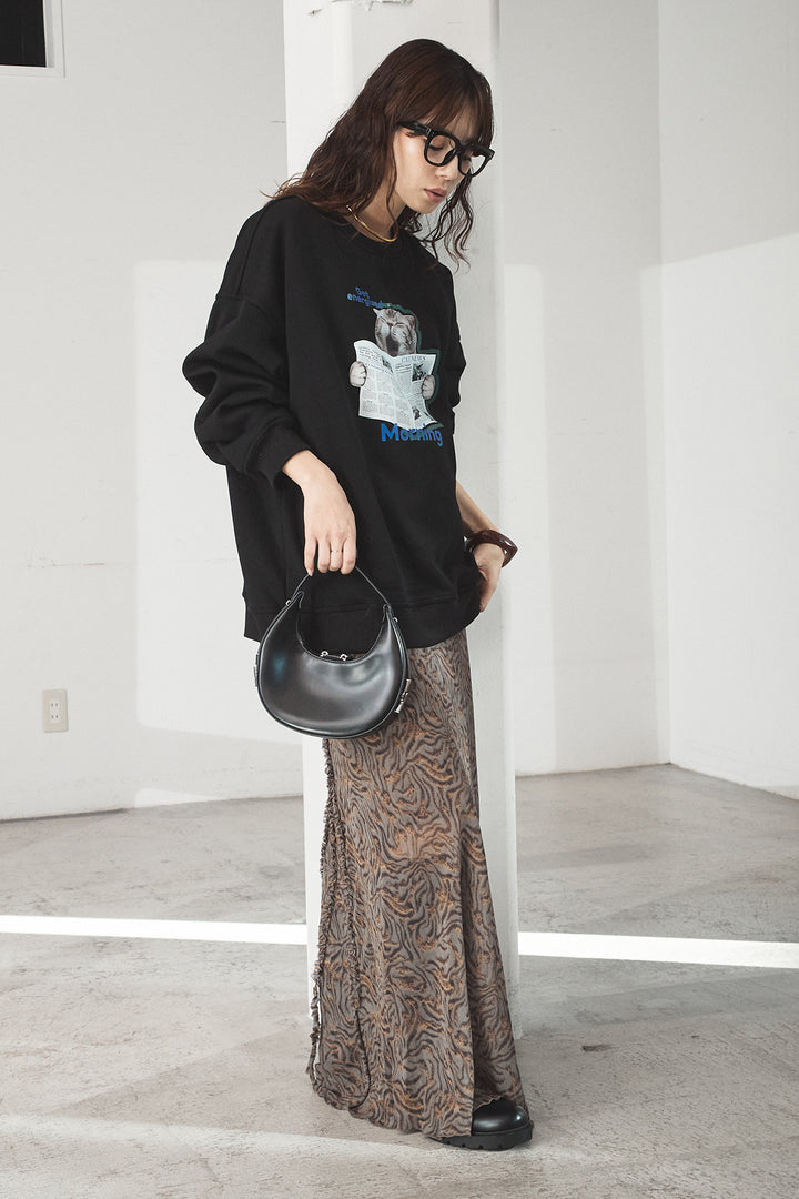 [SET]裏起毛モーニングキャットプリントスウェット+抽象柄ロングスカート(2set)