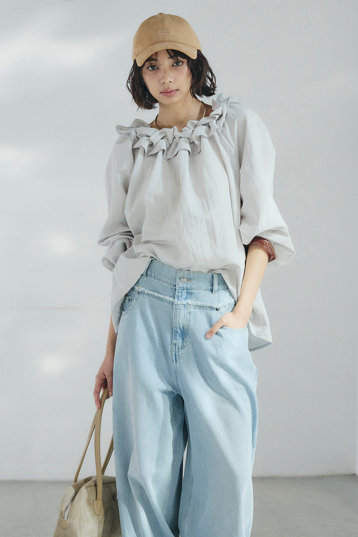 [SET]ネックフリルデザインブラウス+ウエスト裁ち切りデニムワイドパンツ(2set)