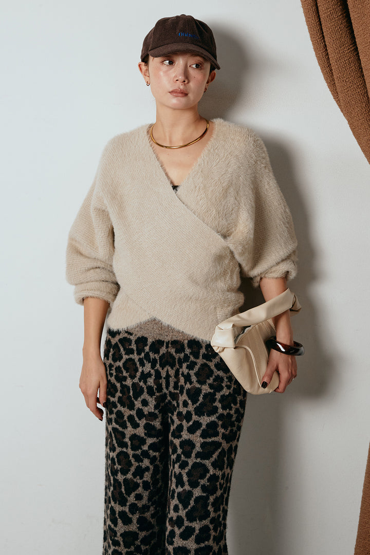 [SET]シャギーカシュクールニットトップス+リラックスレオパード柄ニットパンツ(2set)