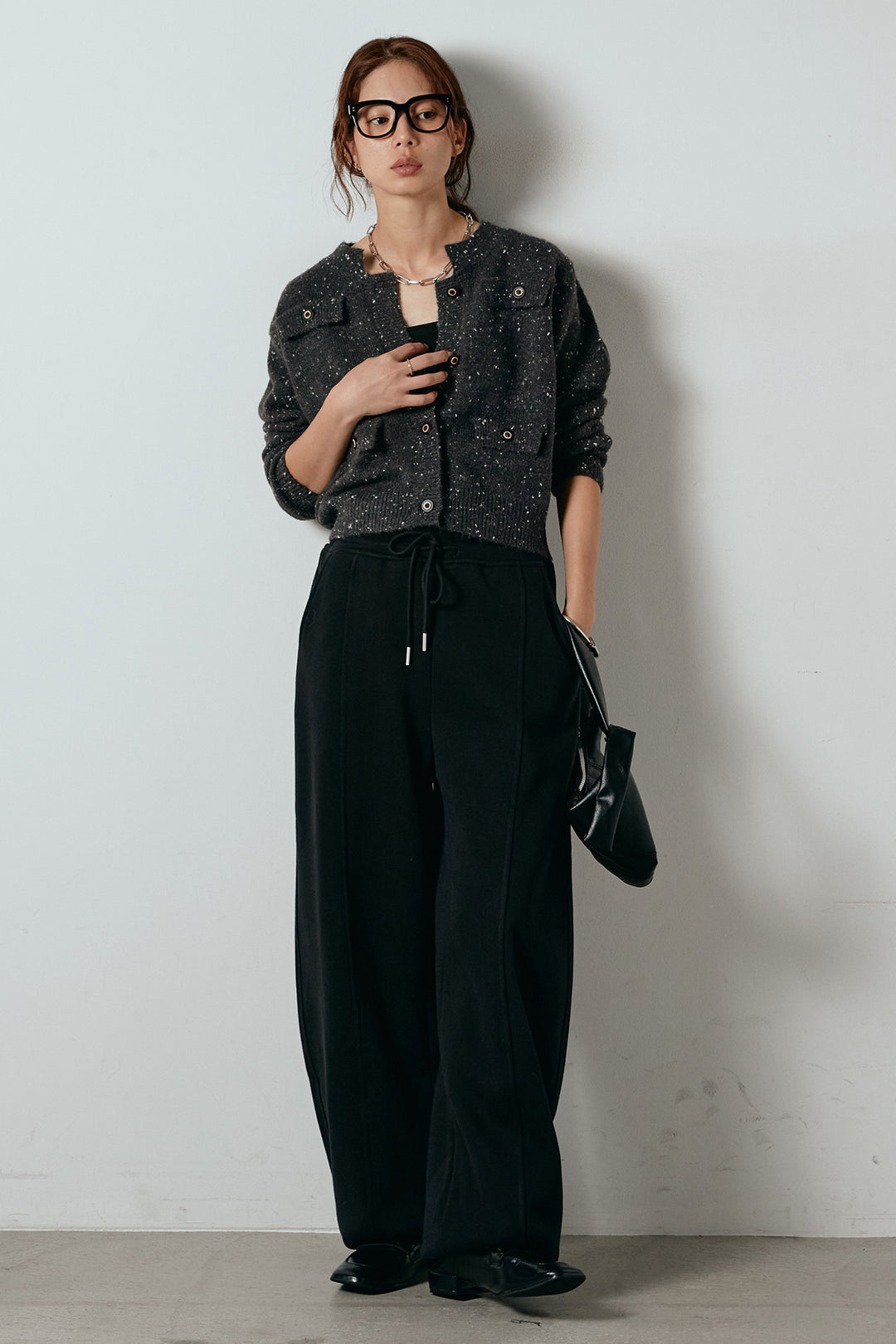 [SET]ネップニットカーディガン+スウェットワイドカーブパンツ(2set)