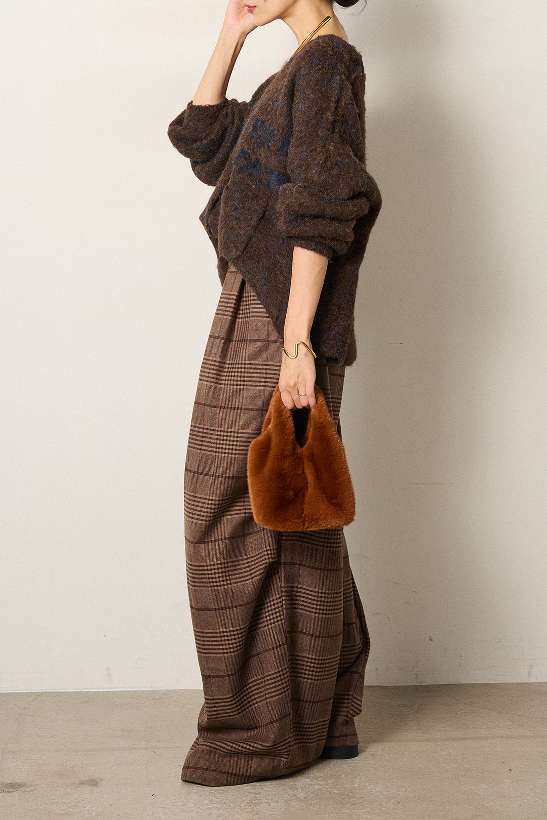 [SET]ウール混透かしロゴニットカーディガン+グレンチェックルーズタックパンツ(2set)