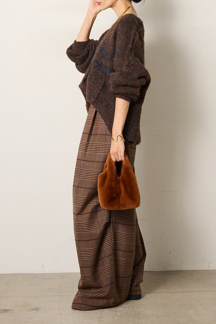 [SET]ウール混透かしロゴニットカーディガン+グレンチェックルーズタックパンツ(2set)