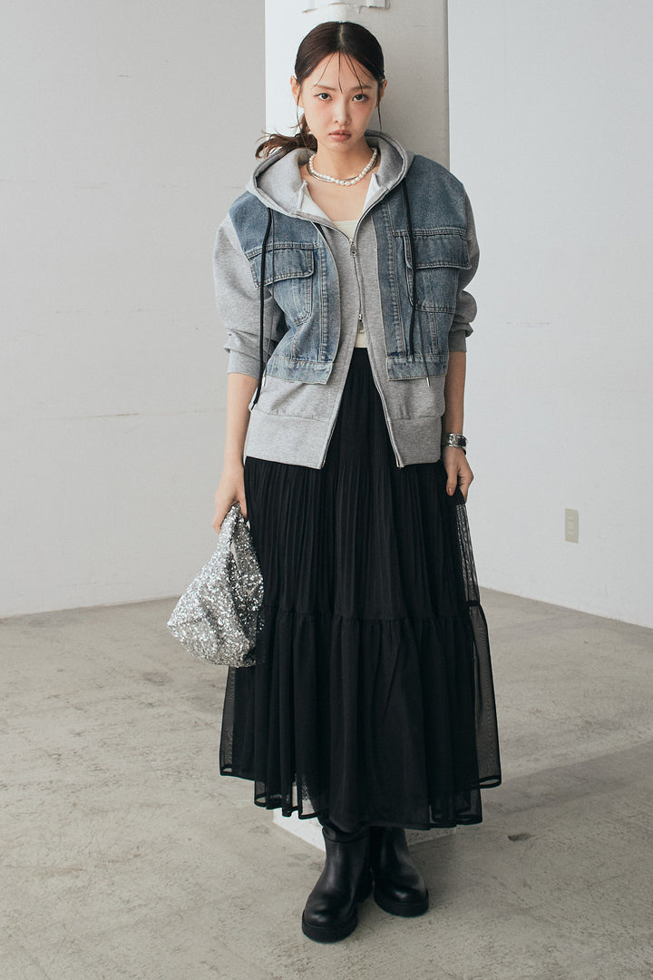 [SET]デニム切替ポンチダブルジップパーカー+ボリュームシルエットチュールスカート(2set)