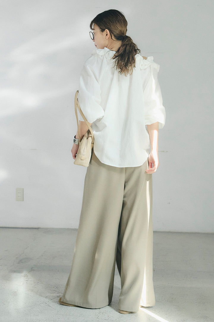 [SET]ネックフリルデザインブラウス+ベルト付きツータックワイドパンツ(2set)
